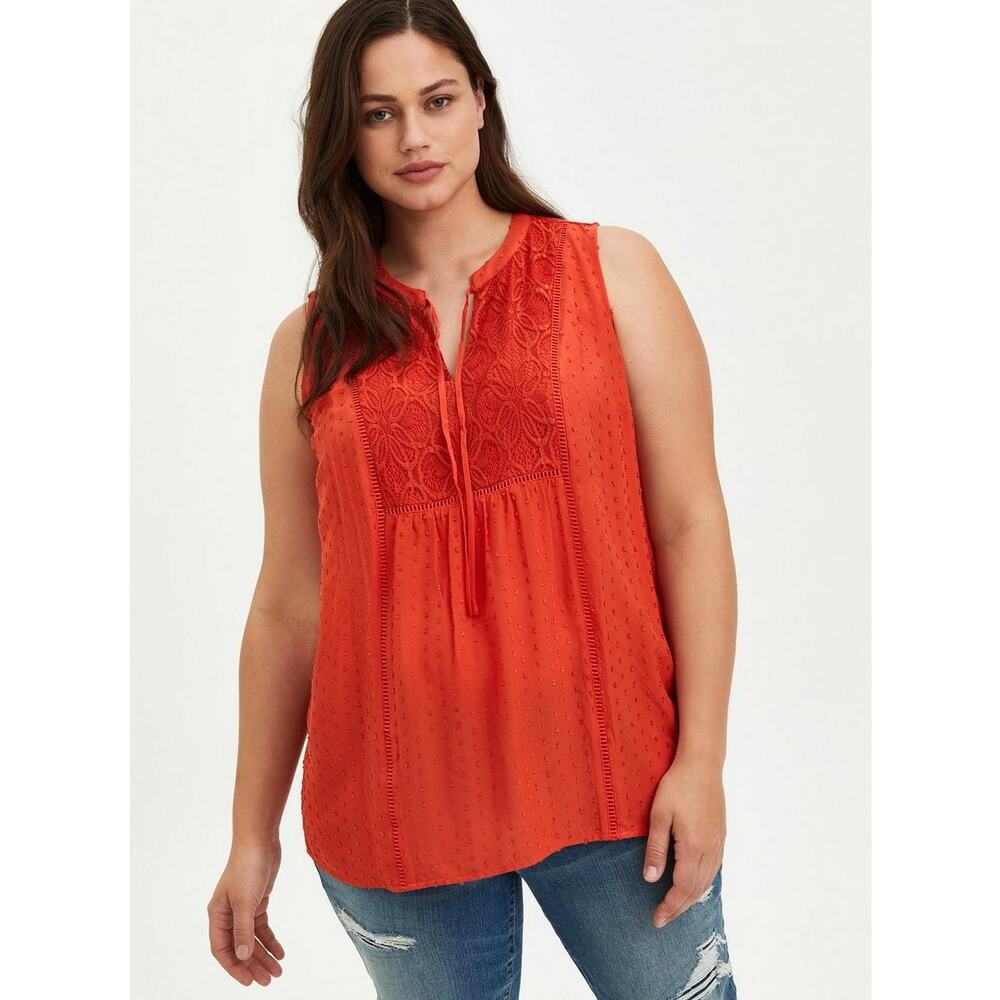 Torrid Orange V-Neck Sleeveless Swiss Dot Crochet Inset Tank Top Women's Size 1